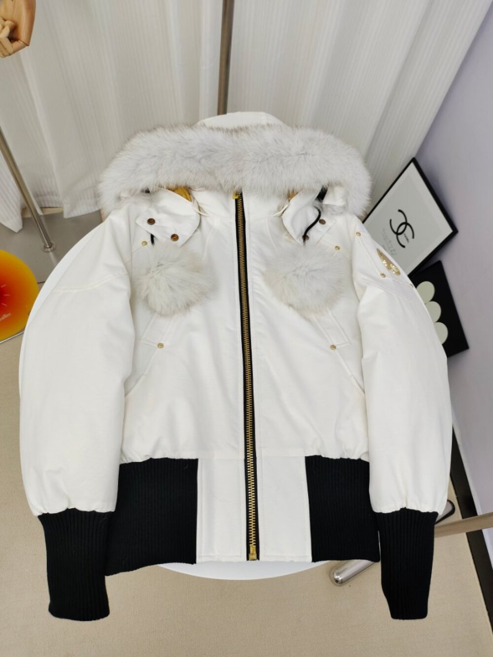 Moose Knuckles White Fur Trim Hood Bomber Down Jacket Fox Fur